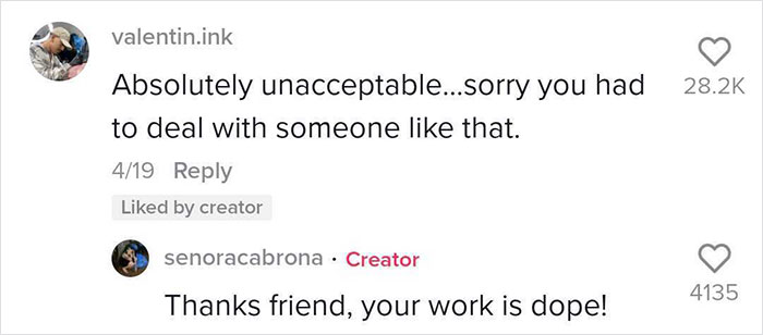 Social media comments discussing tattoo artist issues, expressing support and appreciation for their work. Social media comments discussing tattoo artist issues, expressing support and appreciation for their work.