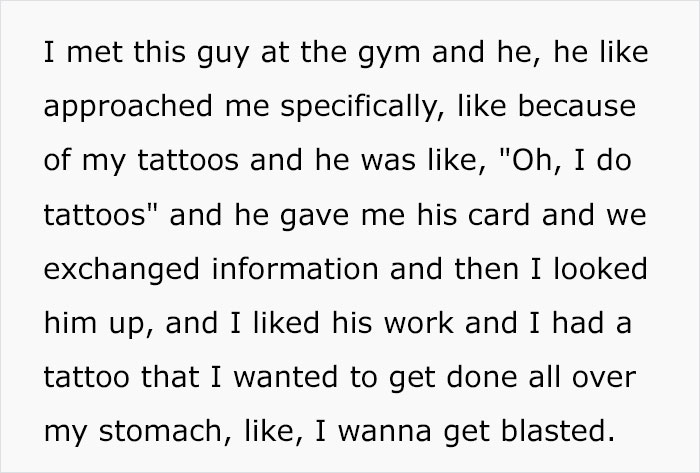 Text conversation about tattoos and meeting a tattoo artist at the gym. Text conversation about tattoos and meeting a tattoo artist at the gym.