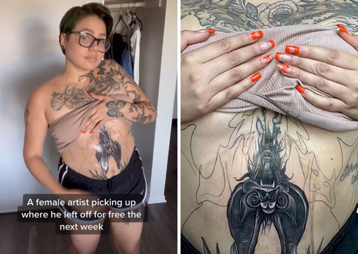 Woman showing tattoos on her torso; displaying ink artwork and covering part of her chest with her hands. Woman showing tattoos on her torso; displaying ink artwork and covering part of her chest with her hands.