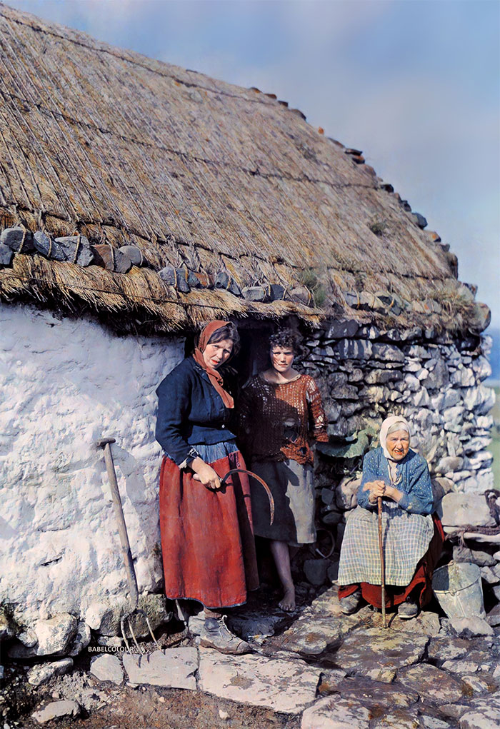 Three Generations Of Women Outside Their Stone Cottage In Ireland 1927