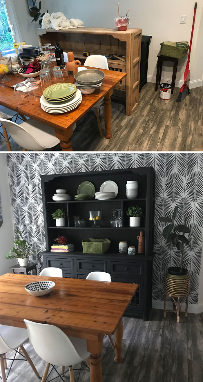 Painted My Hutch Black And Hung Some Peel ‘N’ Stick Wallpaper. Makes Such A Dramatic Difference In Our Small Builders Grade Home!