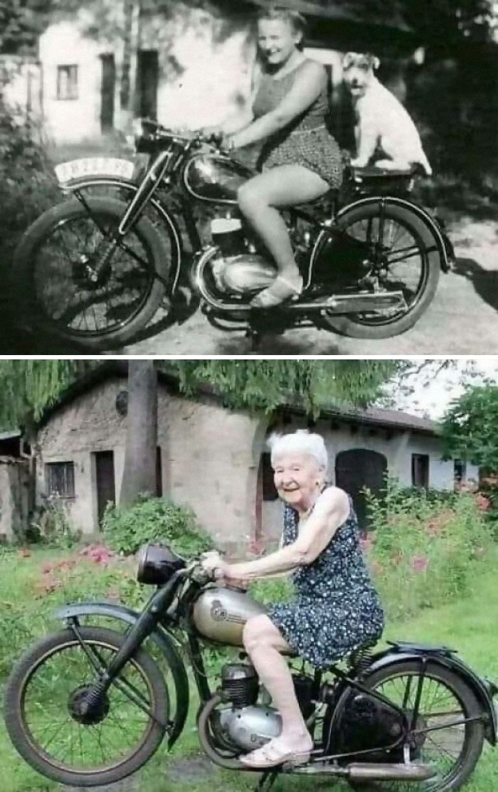 Same Scene, Same Motorcycle, Same Woman, 72 Years Old After