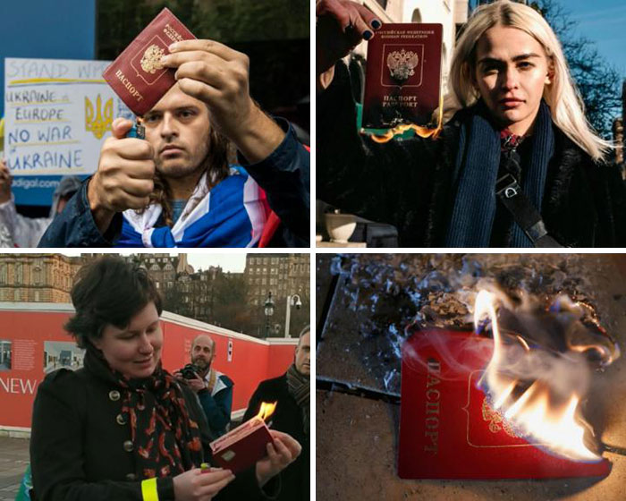 Burning Their Russian Passports As A Form Of Protest For Russia's Invasion Of Ukraine