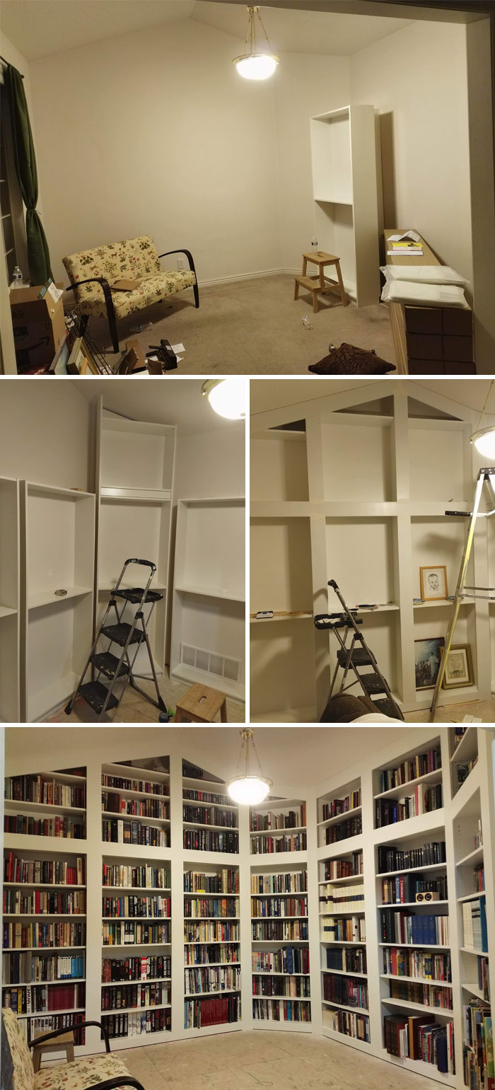 Finalmente terminé mi “biblioteca” con estantes que van desde el suelo hasta el techo (todavía tengo que poner un piso nuevo)