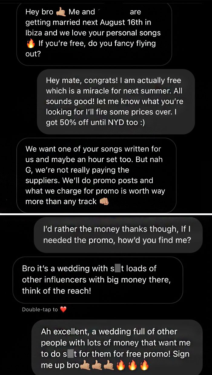Influencer Wants Personal Song Written Plus One Hour Set At Wedding For Free