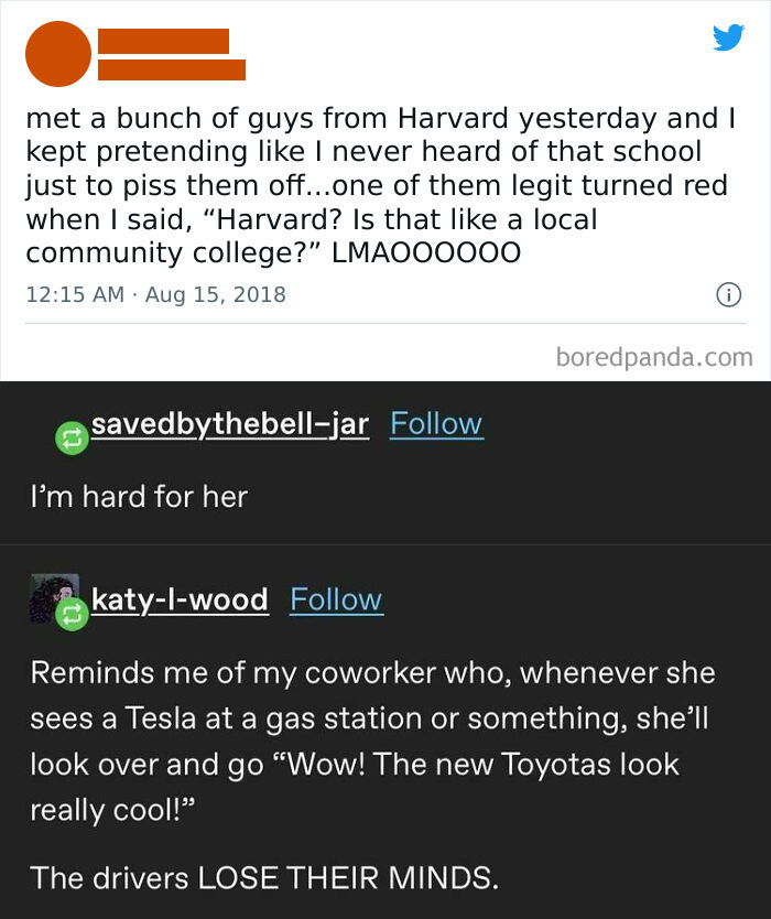 Madlad 1 Pretends She Doesn't Know Harvard. Madlad 2 Intentionally Angers Tesla Owners