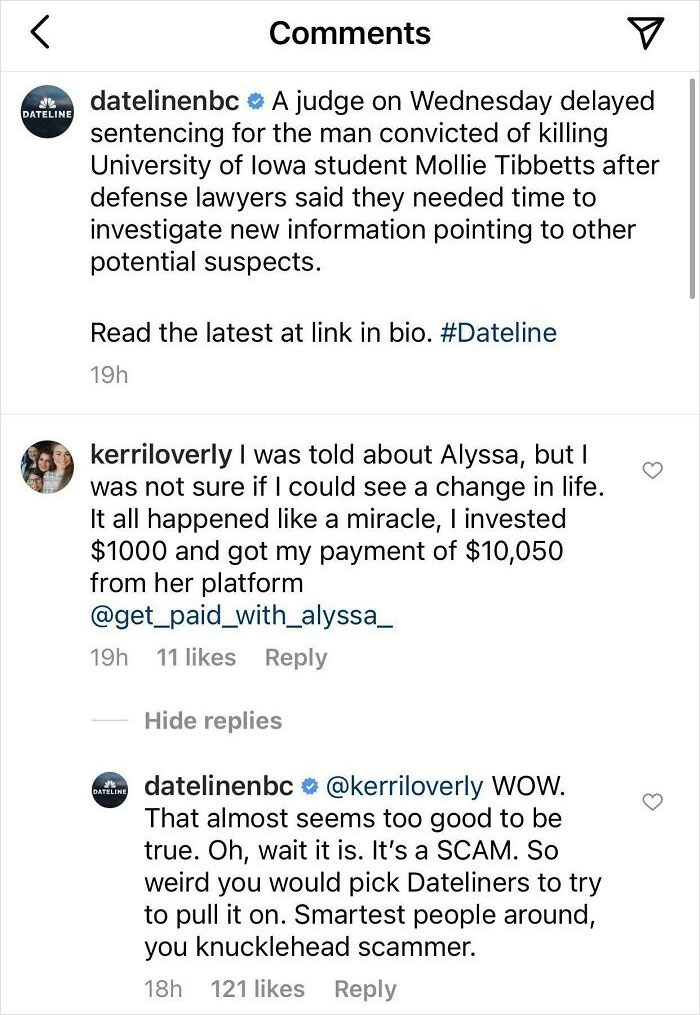 Dateline Nbc Responds To Scammer In Comments Section