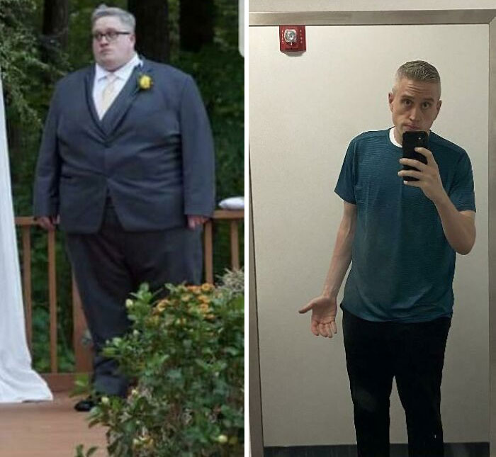 La foto de la izquierda fue exactamente hace 3 años. Cuando fui el padrino en la boda de mi amigo. Yo estaba cerca de 272 kilos. Alrededor de 105 kilos ahora