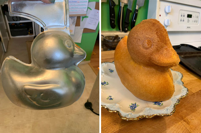 I Found A 3D Duck Cake Pan Set At The Spca Thrift Store In Victoria, Bc. It Baked Up Just Fine But Our Icing Skills Need Work