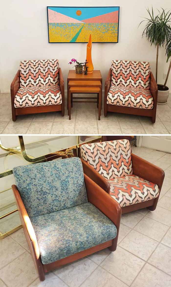 I Picked Up These Chairs At Goodwill A Few Weeks Ago For Just Under $12 For The Pair. I Had Some Vintage Velvet Upholstery That I Had Been Hoarding So I Gave Them A Little Facelift. (The Blue Fabric Is The Before)