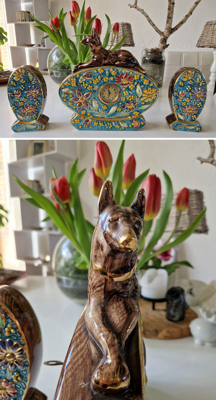 I Saw This Piece Across A Crowded Marketplace And I Knew I Had To Have It. It's A Three-Piece Set Made From Majolica Ware Embellished With Gold, And Has A German Clock Built In That Has A Winding Mechanism. I Think It Was Likely Made In The 1910s (Dated 18 On The Back) And It Says Belgium, And Nothing Else. I Think It Was Likely An Afforable Sideboard Filler For A Dog And Flower Lover, Which Suits Me To A Tee. I Have Three Greyhounds, And Although This Looks More Like A Shepherd, I Think It's Great And Will Fit Right In