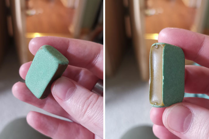 Found On The Beach, It's Solid And The Green Casing Feels Like Stone But Is Almost A Little Stretchy When I Try To Pull At The Edges. Stays Solid When Heat Up