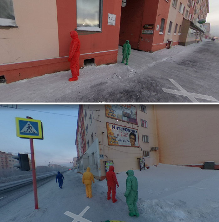 What Are These Creepy People Doing Or Wearing? Found On Noril'sk (Russia) Street View, 69°20'53.2"N 88°12'10.7"E