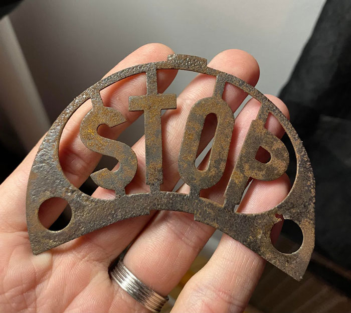 Witt? Slightly Rusty Metal Plate With "Stop" In Cutout Lettering