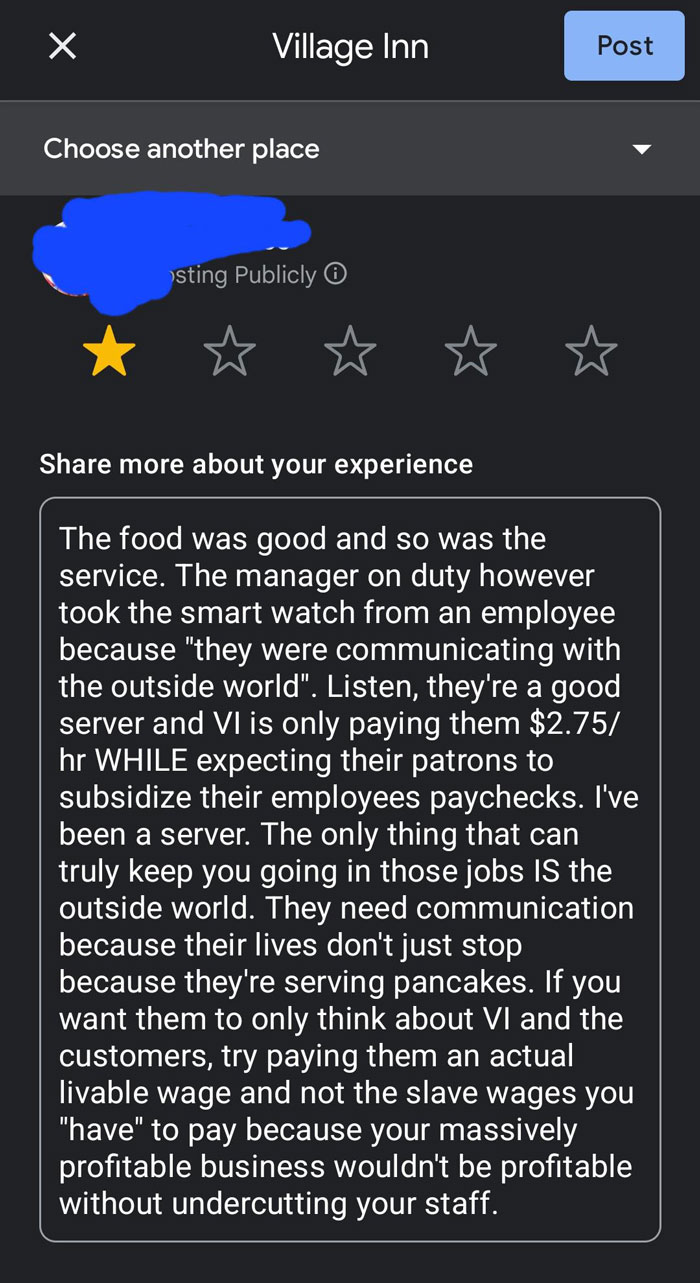 "The Food Was Good And So Was The Service": Customer Leaves A 1-Star Review For This Restaurant Because The Manager Took The Server’s Smartwatch Away
