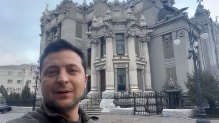 Ukrainian President Zelenskyy After Kyiv Survived A Full On Assault By Russian Forces Tonight, Announces He Is Right Here In The City And Is Not Going Anywhere