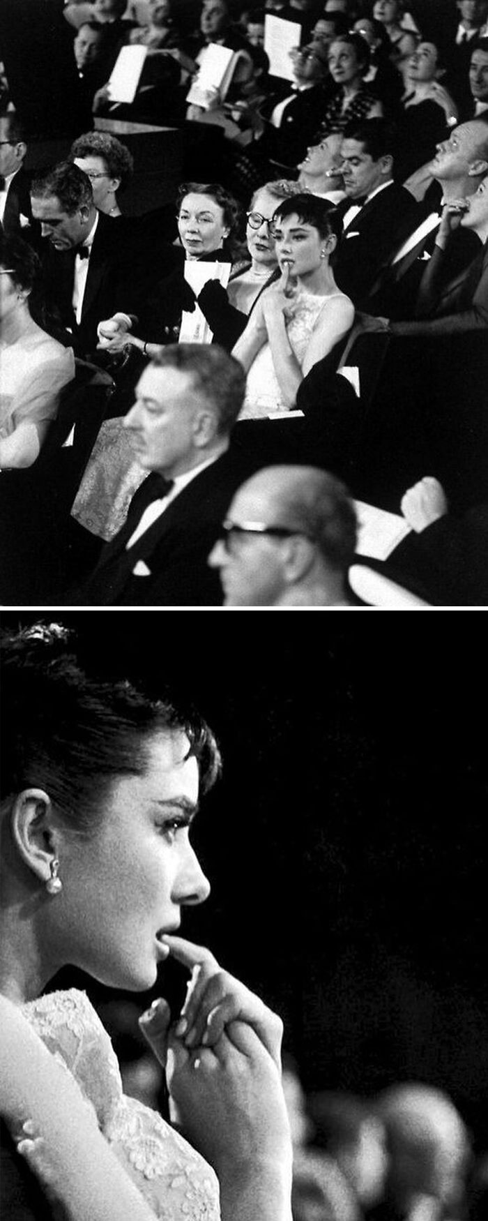 Audrey Hepburn espera nerviosa el anuncio de la mejor actriz en la 26ª ceremonia de los premios de la Academia, 1954