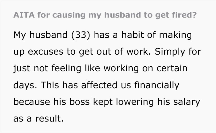 “AITA For Causing My Husband To Get Fired?” “AITA For Causing My Husband To Get Fired?”