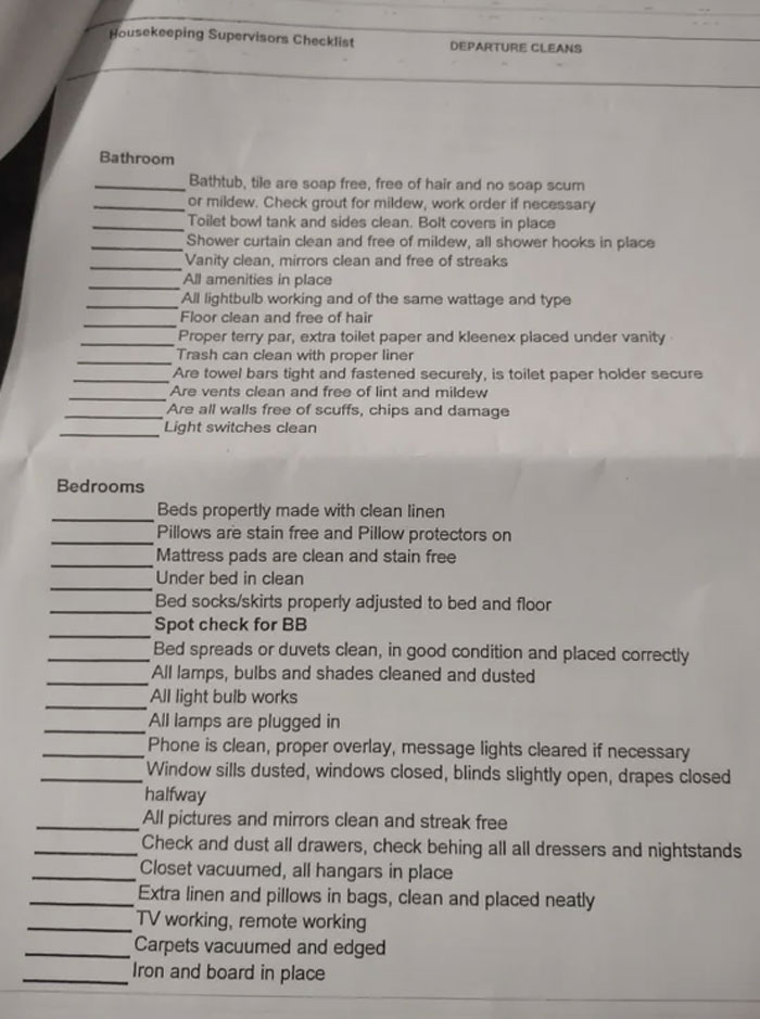 Housekeeper Getting $12/Hour Receives A Checklist With 85 Tasks She Has To Complete In An Hour To Not Get Fired