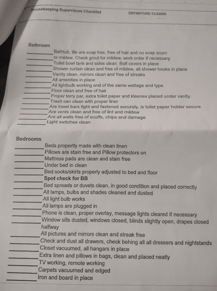 Housekeeper Getting $12/Hour Receives A Checklist With 85 Tasks She Has To Complete In An Hour To Not Get Fired Housekeeper Getting $12/Hour Receives A Checklist With 85 Tasks She Has To Complete In An Hour To Not Get Fired