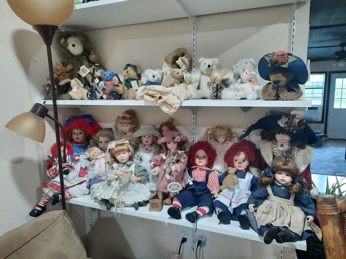 This Is A Combined Collection Of Dolls And Bears, Most Of Which Came From My Nana. The Raggedy Ann And Andy, My Husband Bought For Me And They Give Me Fuzzy Feelings.