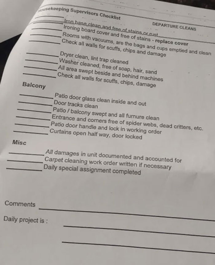 Housekeeper Getting $12/Hour Receives A Checklist With 85 Tasks She Has To Complete In An Hour To Not Get Fired Housekeeper Getting $12/Hour Receives A Checklist With 85 Tasks She Has To Complete In An Hour To Not Get Fired