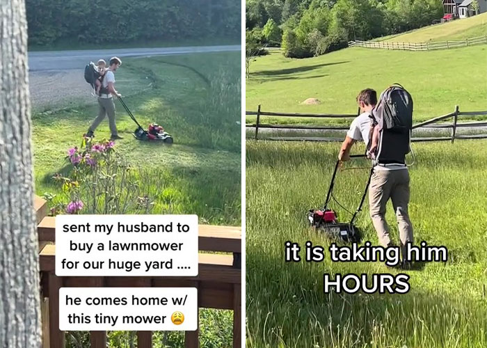 Kind strangers rushed to the aid of a father who bought a too small lawn mower