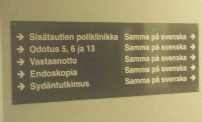 On The Left: Names Of Different Clinics In Finnish. On The Right: “The Same In Swedish” In Swedish