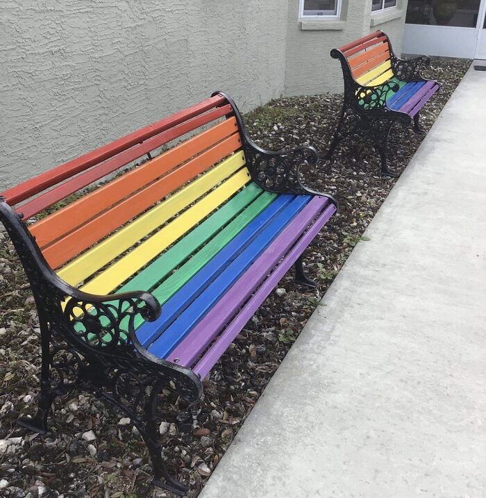 My Grandma Is 83 And Lives In Rural Florida Where She Is Surrounded By Anti-Gay, Right Wingers. She Just Had Her Two Front Benches Repainted In Support Of Her Three Lgbtq Grandchildren (Me And Two Cousins)