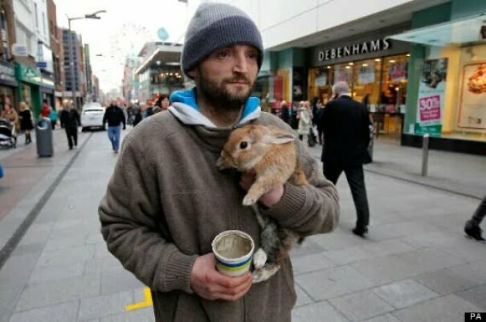 This Homeless Man's Rabbit Was Thrown Over A Bridge By A Passerby And He Immediately Jumped Into The River To Save Her. He Won An Award, Was Given Animal Food And A Job, And The Passerby Was Charged With Animal Cruelty