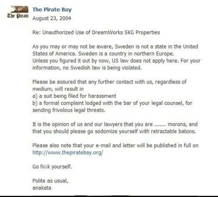 Pirate Bay Response To Legal Threats From Dreamworks