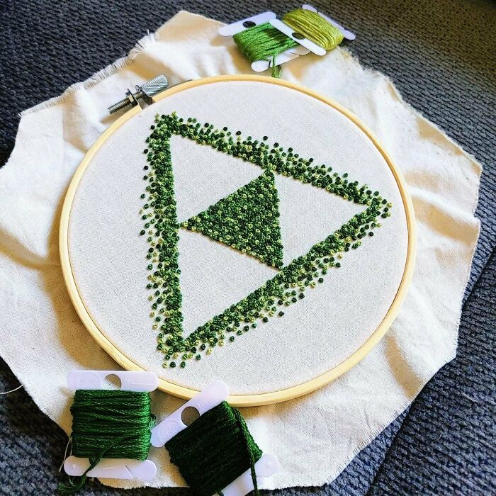 A Triforce Out Of French Knots. Tried To Make It Look Mossy 