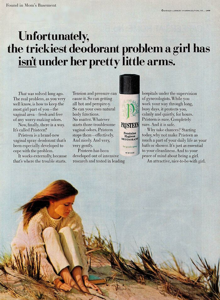 "Unfortunately, The Trickiest Deodorant Problem A Girl Has Isn't Under Her Pretty Little Arms" - Pristeen Femimine Hygiene Deodorant Spray [1968]