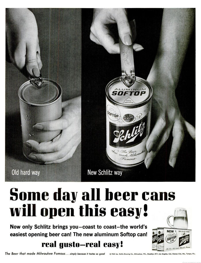 "Some Day All Beer Cans Will Open This Easy!", Schlitz, 1962