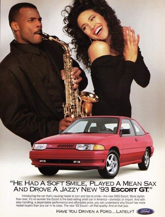 "He Had A Soft Smile, Played A Mean Sax And Drove A Jazzy New '93 Escort Gt." (Ford Ad, USA, 1993)