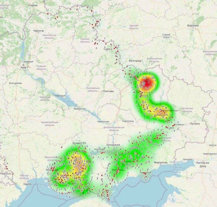 A Heatmap Of Phones Connected To The Russian Mobile Network In Ukraine Shows Approximate Russian Troop Concentrations In The Country
