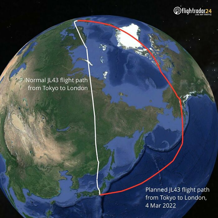 Flight Jl42, Tokyo To London, Now Flies Over Alaska Instead Of Russia. Flight Is Scheduled To Take 15 Hr 12 Min, Adding A Full 3 Hours Of Flying Time
