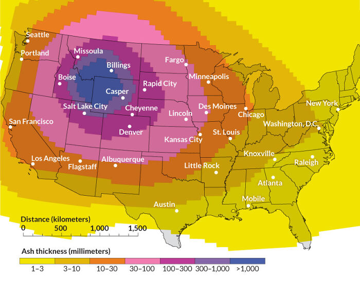 Spread Of Ash Across The U.S. When The Yellowstone Supervolcano Erupts
