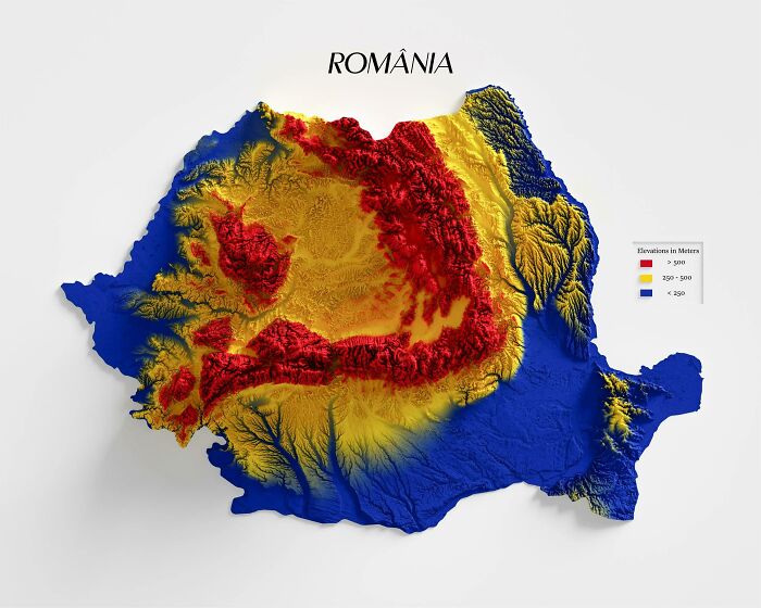 Romania Shaded Relief Map With Official Flag Colors For Elevation Gradients