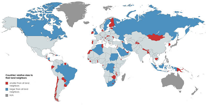All Countries That Are Either Larger (Blue) Or Smaller (Red) Than All Its Neighbors