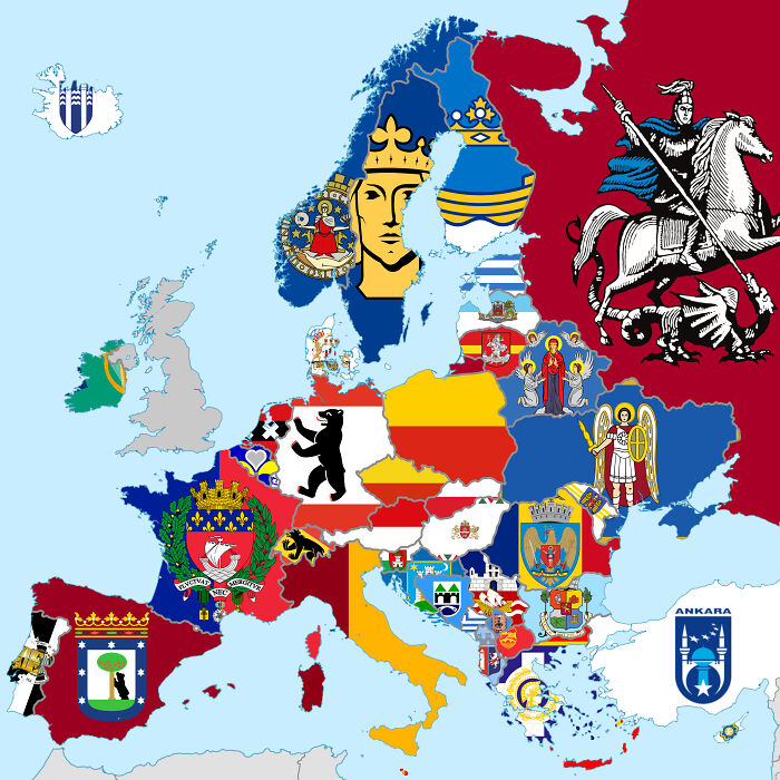 Map Of Europe With The Flag Of The Capital Of Each Country 