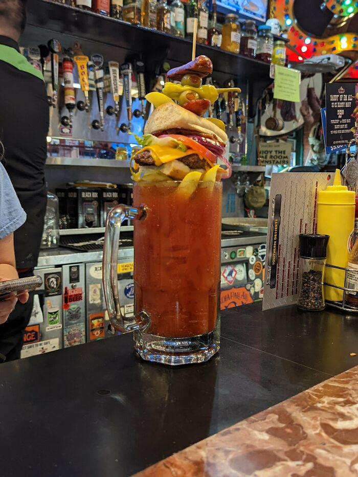 This Bloody Marry At My Work Place With A Burger On Top