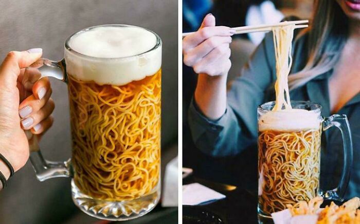 ¿Alguien quiere un poco de espagueti dentro de una jarra de cerveza?