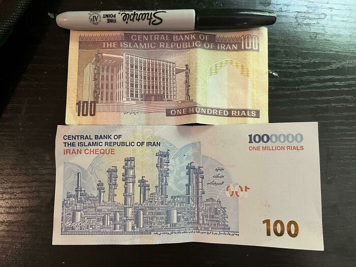 Old Iranian 100 Rial Bill Now Worthless vs. 1 Million Rial Bill Now Worth About $3.33. Inflation Is Crazy