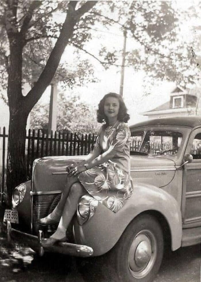 Shrewsbury, Mo, Around 1945. 1940 Ford Woody Wagon. The Tires Were Bald Because Nearly All Tires Were Worn Out By The End Of Wwii. They Were Rationed Along With Gasoline, Butter, Shoes, Sugar, Coffee And More. Photo Privately Held.