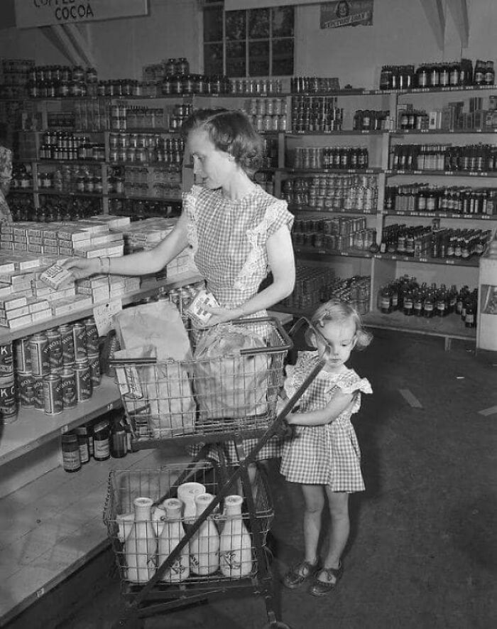 Fetching Groceries With Mom Meant Dressing The Part Too On This Day. (1940s)