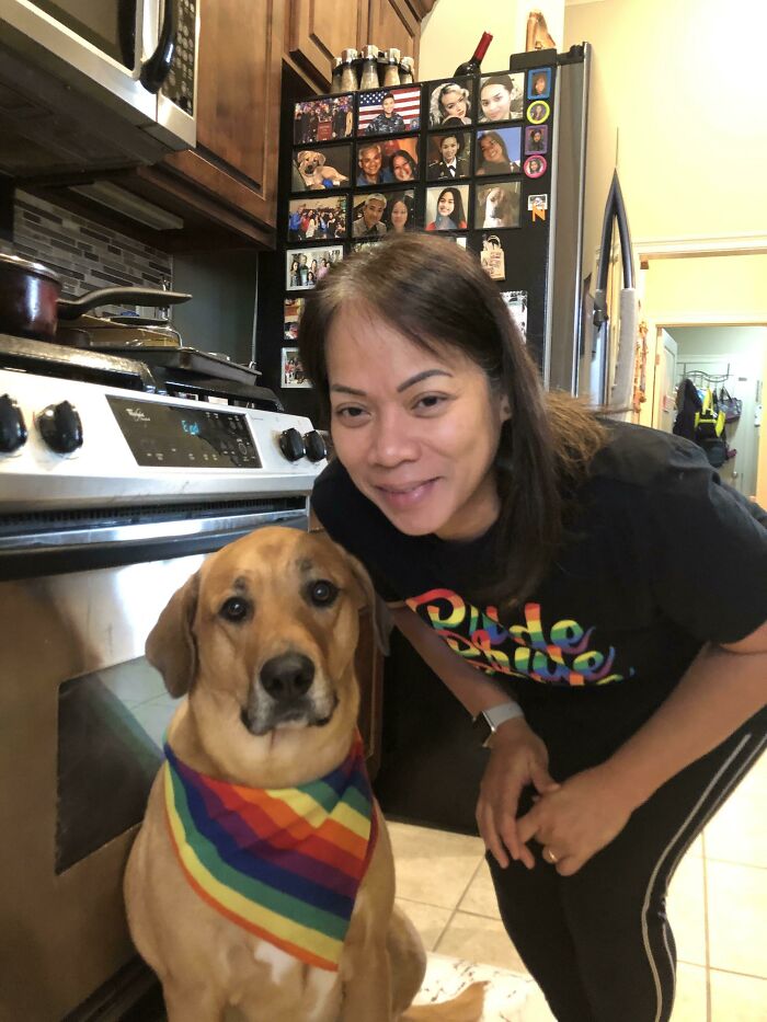 Look At My Mom And Dog Showing Their Pride For Me! My Parents Used To Be Against Homosexuality Because Of Their Religion But They Accepted Me And Support Me