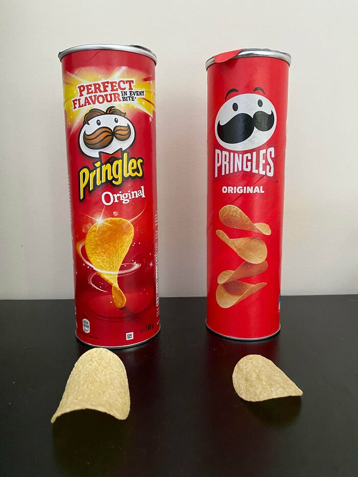 The Shrinkflation Of The Old Pringles Design (165g) To The New (134g)