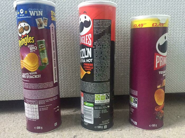 Pringles Shrinkflation. Left Is 200g, Middle Is 180g, Right Is 165g