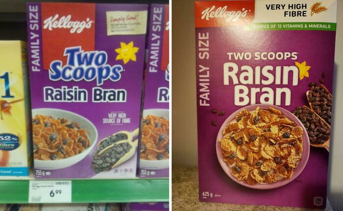 Kellogg's "Family Size" Raisin Bran Used To Be 1kg, Then A Couple Of Years Ago It Shrunk To 755g. Just Bought A Box And Now It's 625g